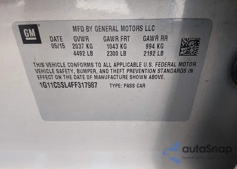 2015 Chevrolet Malibu 1Lt из США, поврежденный, VIN 1G11C5SL4FF317987